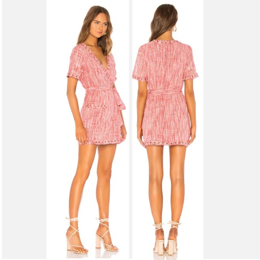 Tularosa Rocky Dress Bright Red Tweed Grommet Fringed Wrap Mini Dress Small